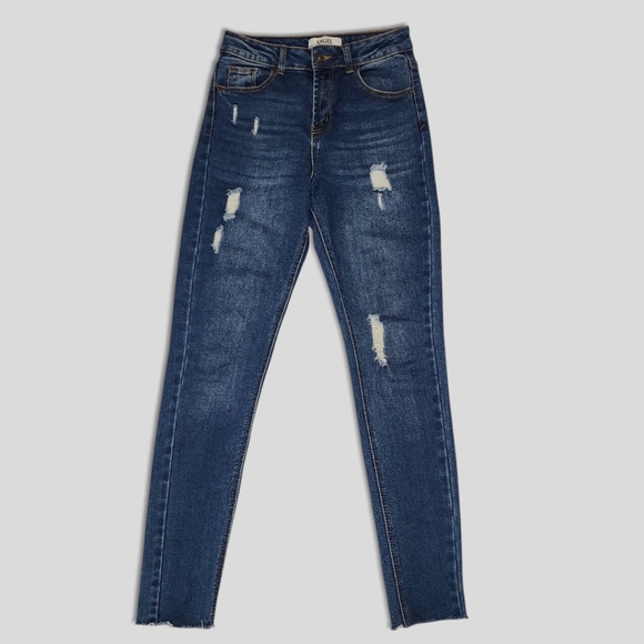 Angel Designed in Los Angeles Size 7 Skinny Jeans, Dark Wash Distressed Denim - Picture 3 of 14